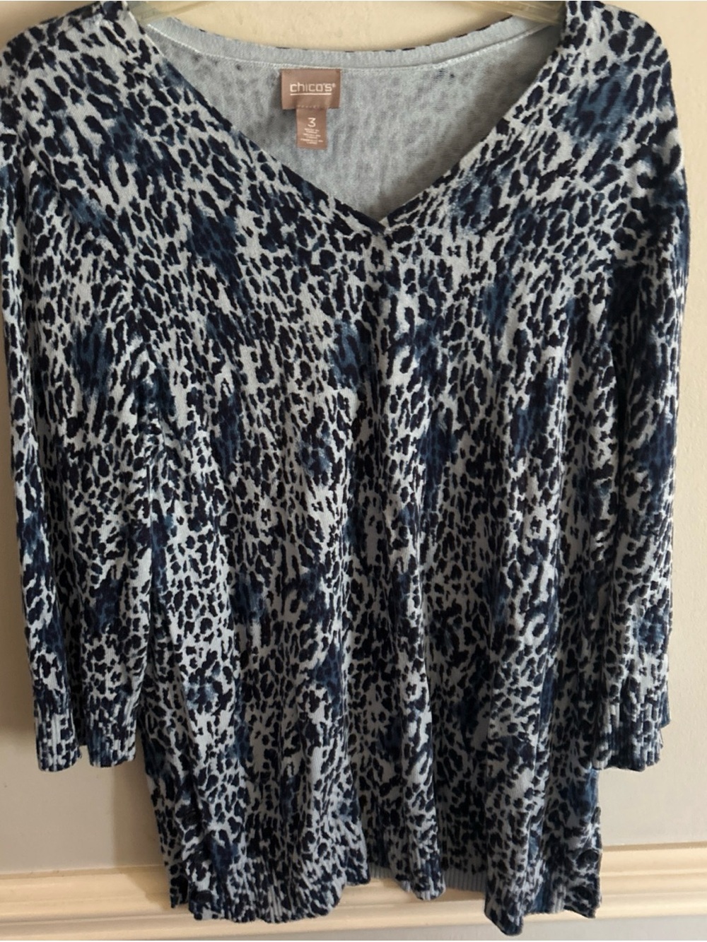 Chico's Blue and Gray Animal Print V-Neck Long Sleeve Top